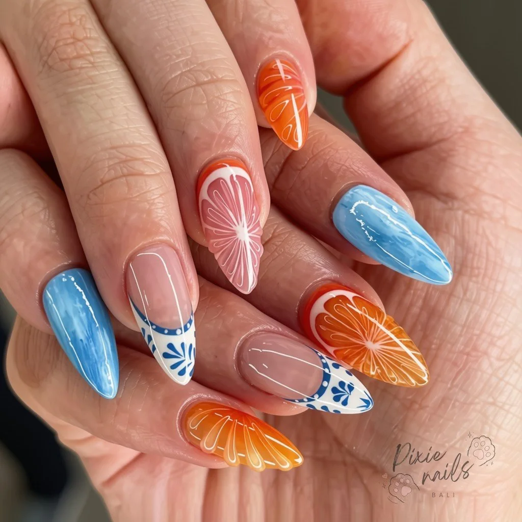 Summer citrus nail art by Pixienailsbali